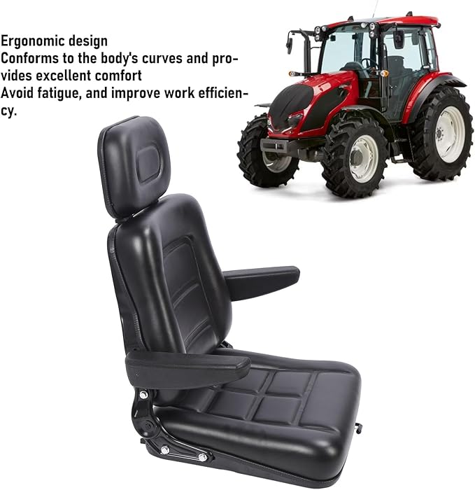 Pongnas Universal Lawn Mower Seat Tractor Seat Forklift Seat with Adjustable 30-180 Degree Tilt Slide Rail for Dumper Skid Loader Telehandler Backhoe Excavator Dozer (With armrest)