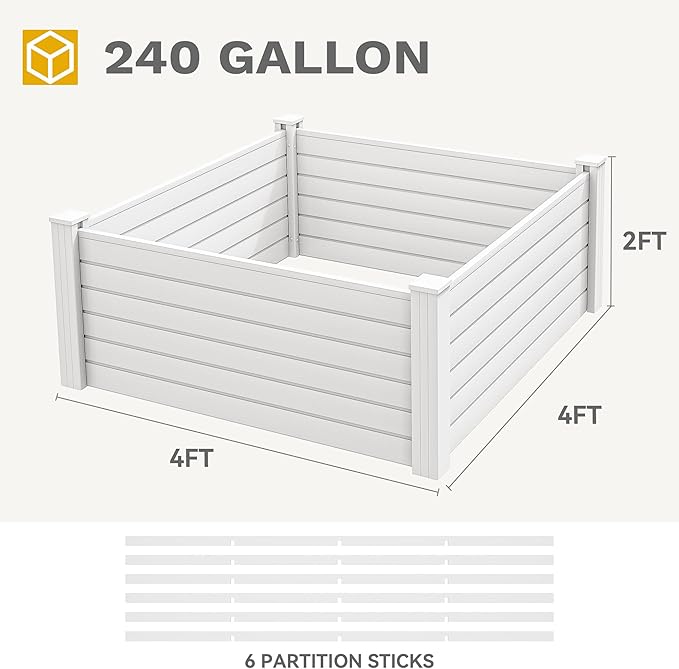 DWVO 4 x 4 x 2 FT Raised Garden Bed Outdoor Vinyl Flower Bed with Growth Grid Large Plastic Planter Box for Vegetables Flowers Herbs Fruits White