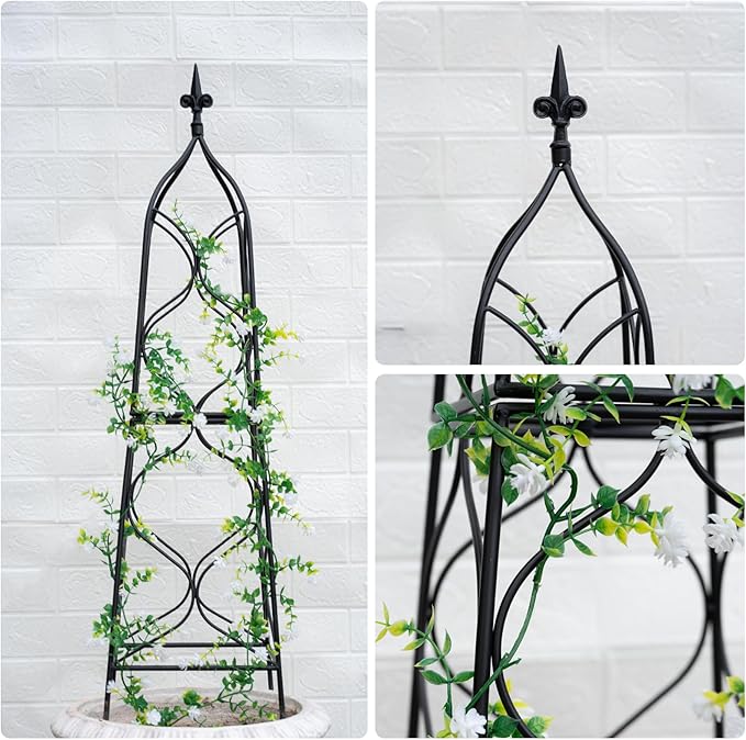 Obelisk Trellis for Garden - 38.3 x 10.03 Durable Metal Climbing Support for Roses Vines &amp Flowers | Elegant Black Design with Decorative Top &amp Hollow Sides