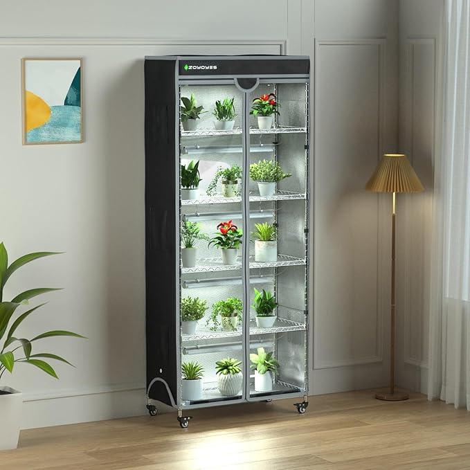 Indoor Greenhouse 6-Tier Plant Rack with Cover 5 T8 Grow Lights Thermometer &amp Timer – Seedlings Flowering Herbs &amp Vegetables Indoor Gardening Easy Assembly 30 W x 14 D x 72 H