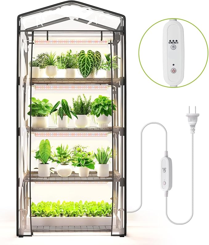 Indoor Greenhouse with Grow Light 4 Tier 1.6FT 80W Full Spectrum Grow Light with Timer Portable Plant Shelves with Waterproof PVC Cover for Seed Starting 26.4L X 19W X 61H