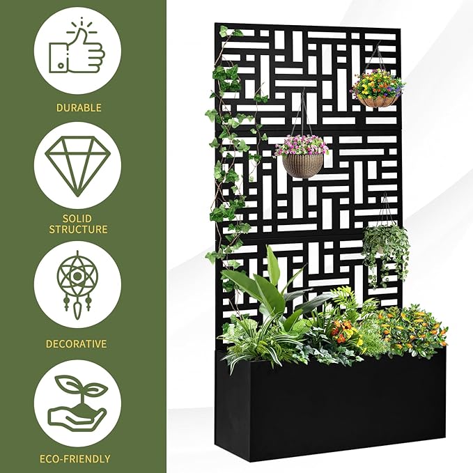Metal Garden Bed with Trellis 70 Inch Height Metal Planter Box with Trellis Garden Box for Climbing Plants Vegetable for Climbing Plants Vegetables Vines Privacy Planters for Patio（Black