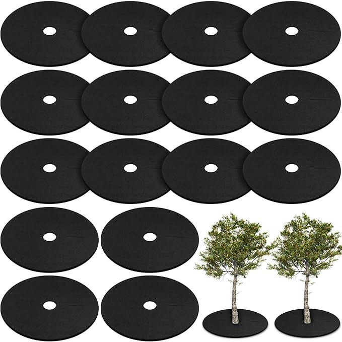 Shimeyao 16 Pcs 32. 2 Inch Non Woven Tree Mulch Ring Round Tree Weed Barrier Mat Reusable Landscape Protector Base Barrier Fabric for Weed Root Protection (Black)