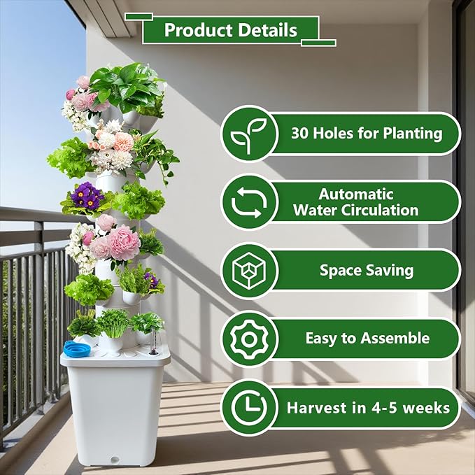 30 Plants Hydroponic Tower Hydroponics Growing System Tower Hydroponics Tower with Timer Automatic Watering Vertical Hydroponic Tower Planter Germination Kit for Herbs Vegetables Fruits