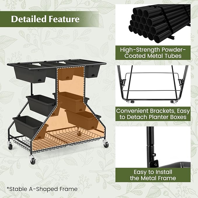 Giantex Rolling Raised Garden Bed w/ 7 Planter Boxes Storage Baskets Drainage Holes 4 Lockable Casters 3-Tier Freestanding Elevated Planter for Strawberry Vegetable Flower Herb