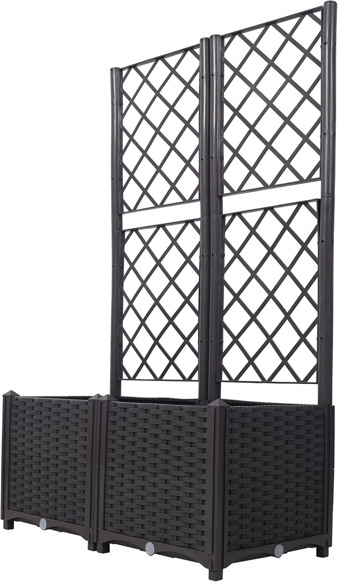 53.5 H Horticulture Garden Planter with Trellis Poly Rattan Brown Trellis Raised Bed with Drainage Plug for Climbing Plants/Vines Raised Garden Bed Garden Planter Box for Flowers Herbs Brown