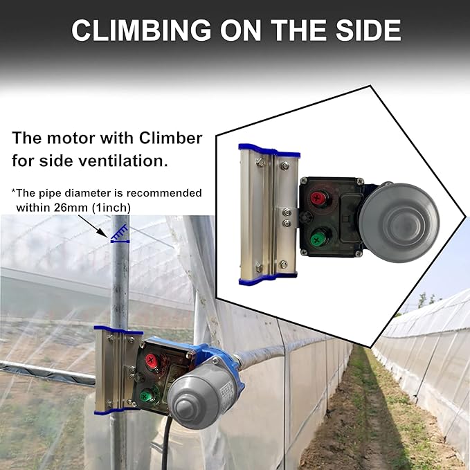 UYGALAXY 100W Greenhouse Film Roll Up Side Motor 1 3/8 Roll Bar Adapter + Precise Bearing Climber for Greenhouse Automatic Ventilation (with Creeper)