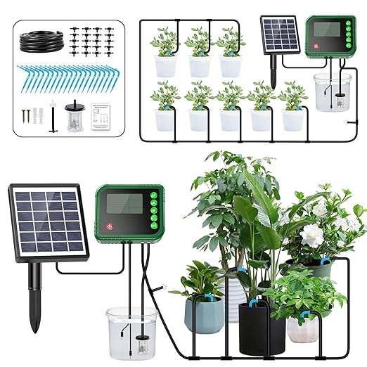 Lewisia Solar Automatic Drip Irrigation Kit with Timer and Water Sensor for 15 Potted Plants Self Watering System DIY Plant Waterer Auto-Irrigation Set for Garden Raised Beds Patio Greenhouse