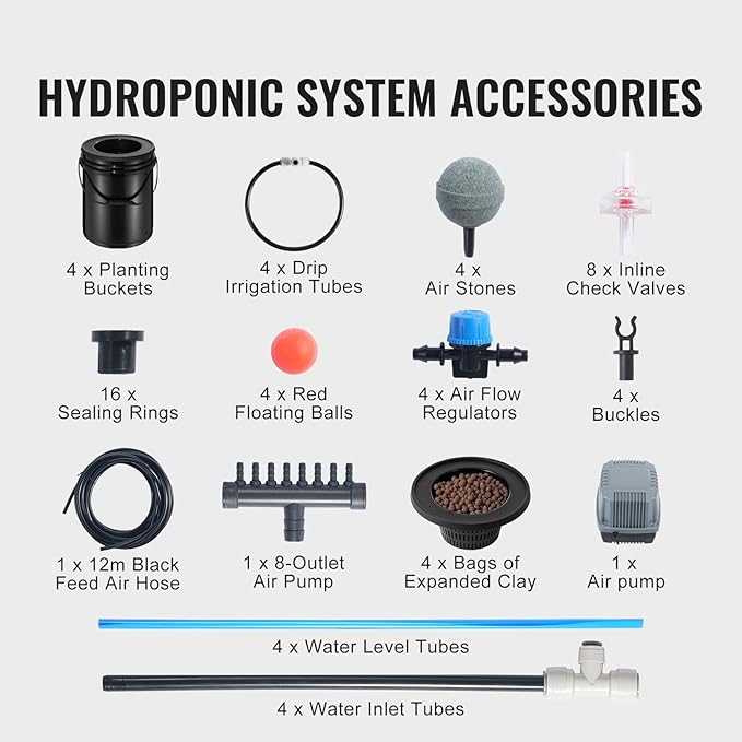 Happybuy DWC Hydroponics Grow System 5-Gallon 4 Buckets Deep Water Culture with Top Drip Kit Air Pump Air Stones Water Level Device for Leafy Vegetables