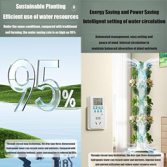 Auto Water Circulate Hydroponics TowerSoilless Cultivation Vertical Tower Farming Garden PlanterHydroponics Growing Towerwith Water Circulation and Automatic Timer green-9layers+plantlight