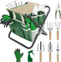 Garden Tool Set 10 Piece Kit with Heavy Duty Folding Stool Detachable Storage Tote Bag Stainless Steel Tools Gifts for Women Men Green
