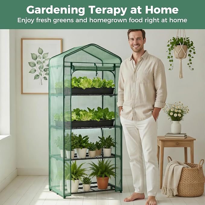 OLIXIS Greenhouse 27×19×63 4 Tier Portable Green House with Durable PE Cover Roll-up Zipper Door Small Greenhouses for Indoor Outdoor Balcony Porch Garden Patio Backyard Green Houses (Green)