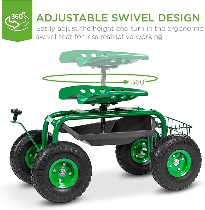 4-Wheel Garden Cart with 360° Swivel Seat - Heavy Duty Rolling Work Seat with Tool Tray &amp Storage Basket 10 Rubber Tires &amp 330lb Capacity for Outdoor Gardening
