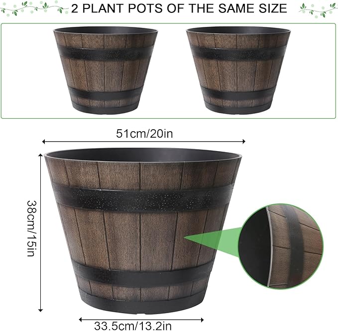 Large Plant Pots 20 Inch 2 Pack Plastic Whiskey Barrel Planters Big Flower Pots Wine Barrel Design for Outdoor Indoor Garden Porch Patio Backyard