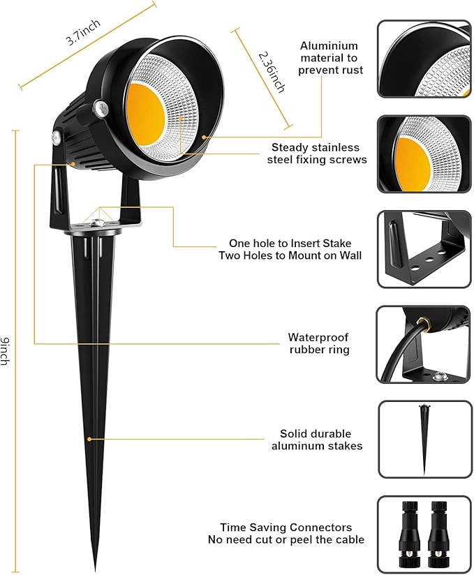 ZUCKEO 10W Landscape Lighting Low Voltage LED Landscape Lights IP66 Waterproof Landscape Spotlights Yard Lawn Garden Outdoor Lights 12V 24V 1000LM Warm White (12Pack with Connectors)