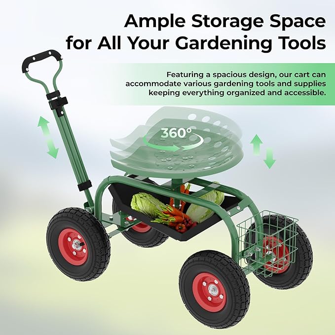 Garden Cart Rolling Workseat with Wheels Gardening Stool with 360° Swivel Seat Steering Handle &amp Large Utility Tool Tray for Planting Weeding Lawn Care