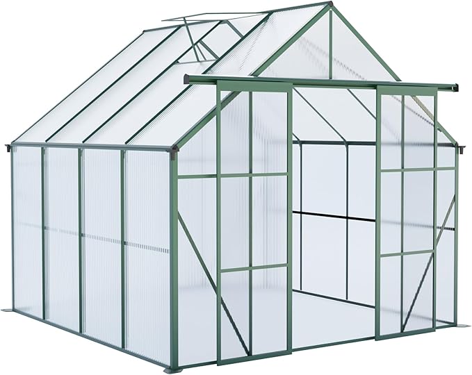 8x8 Greenhouse for Outdoor with Double Door and Adjustable Roof Walk-in Polycarbonate Gardening Green House with Raised Base and Anchor Drainage System for Backyard Lawn Green