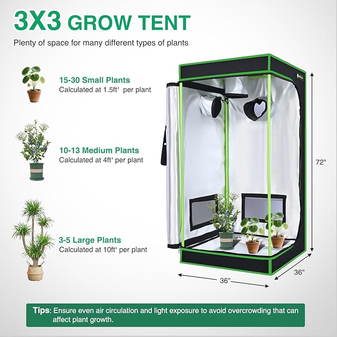Yesker 3x3 Grow Tent 36x36x72 High Reflective Mylar Indoor Growing Tents 600D Oxford Cloth with Observation Window and Removable Floor Tray for Hydroponics Indoor Plants Fruit Flower Veg Growing