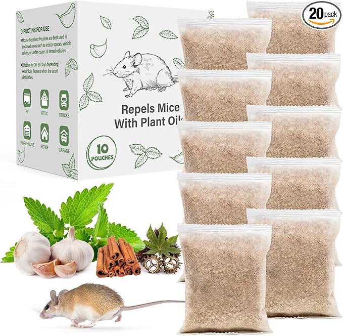Pest Repellent Pouches 20 Pack Peppermint Oil for Mice Rodent Mouse Rats Spider Squirrel Pest Control Indoor &amp Outdoor Natural Mouse Deterrent Replace Traps Poison Family &amp Pet Safe