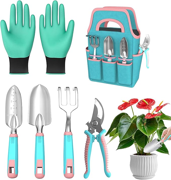 Gardening Tool Kit - Rake Gloves Pruner with Trowel | Garden Hand Tool Set with Tote | for Indoor Outdoor Lawn Backyard Patio Balcony Greenhouse