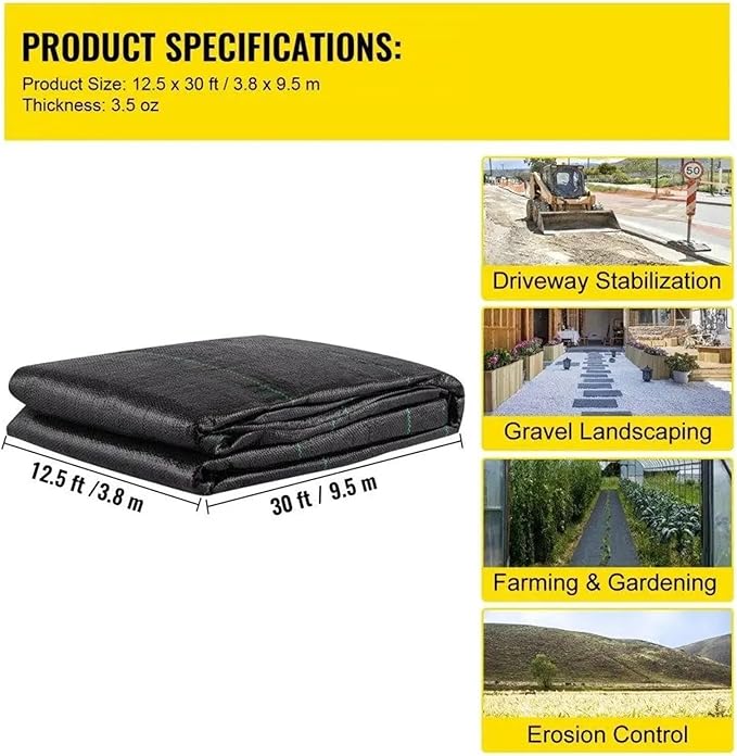 Weed Barrier Fabric Geotextile Fabric 12.5x30ft 3.5oz Woven PP Heavy Duty 600LB Tensile Strength for Landscaping Weed Barrier for Gardening