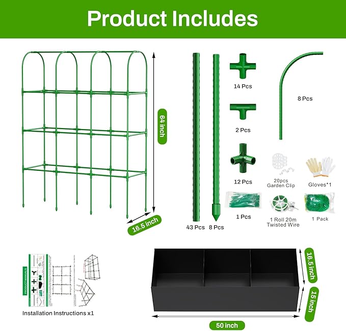 U-Shape Cucumber Trellis with Grow Bag 64 Tall Metal Garden Trellis for Climbing Plants Outdoor Reusable Cucumber Trellis for Raised Bed with Garden Netting for Tomatoes Peas Plant Vines Support