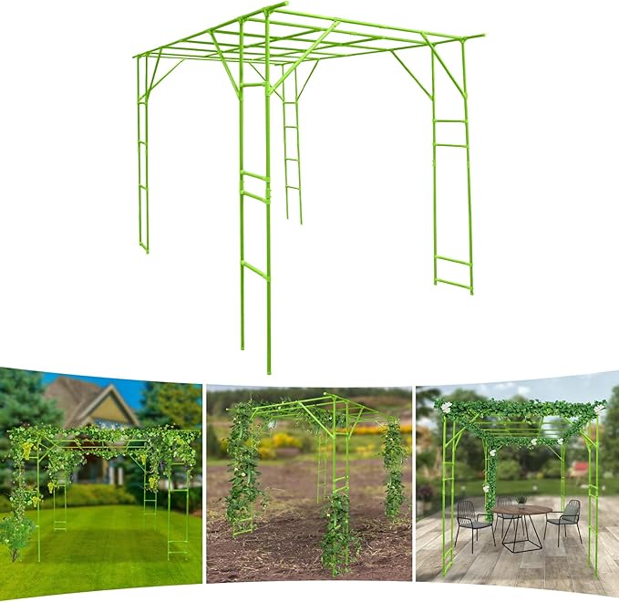 Metal Pergola Arbor Garden Arch Trellis for Climbing Plants 9.84 * 6.56 * 7.55ft Large Tall Trellis Plants Support for Climbing Vine Vegetable Fruit Flower Wedding Party (Green Style B)