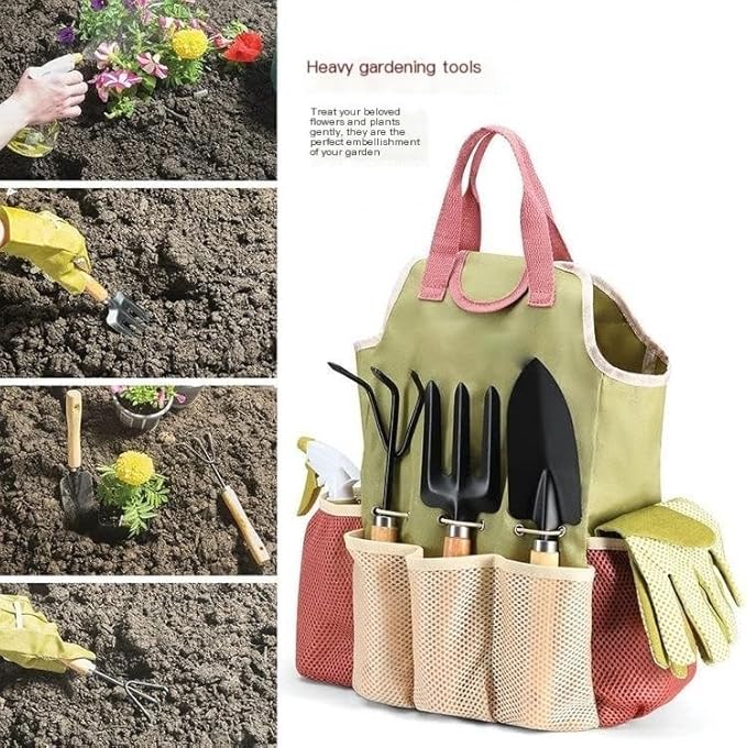 Garden Tool Set with Storage Tote Bag 8 Piece Hand Tools Kit with Pruning Shears and Gloves Green and Pink