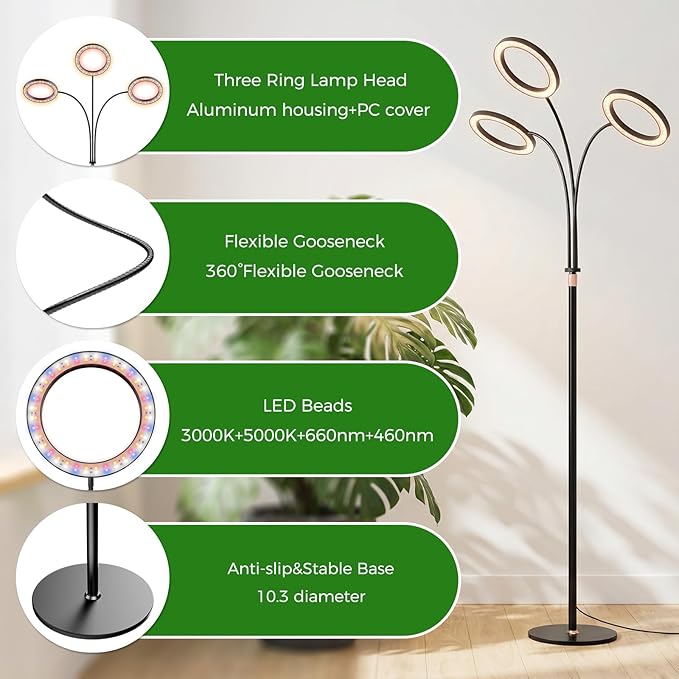 Grow Lights for Indoor Plants with Timer Three-Heads 63 Inch Vertical Grow Light Full Spectrum 216 LEDs 48W 3/6/12H Auto On/Off 3 Light Modes 10-Level Dimmable Gooseneck Standing Plant Lamp