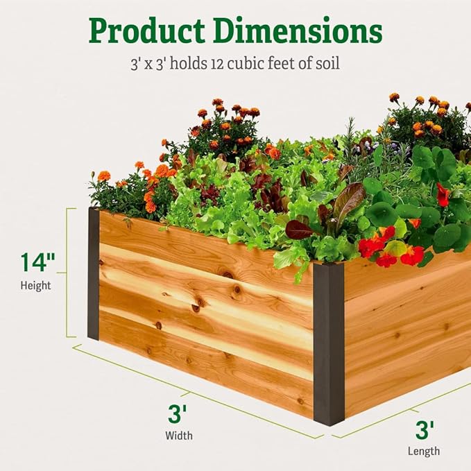 Gardener's Supply Company Raised Garden Bed | Outdoor Planter Box w/Extra Deep Height for Rooted Plants Herbs Flowerbed &amp Vegetable Garden Cedar Wooden Box | 3' W x 3' L x 14 H