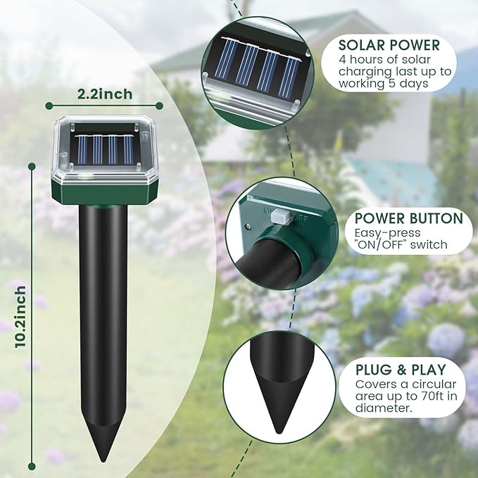 Mole Repellent Solar Powered Ultrasonic Repeller 4-Pack Waterproof Sonic Spikes Gopher Vole Groundhog Snake Chipmunk Mole Deterrent Get Rid of Moles in Your Yard (4)