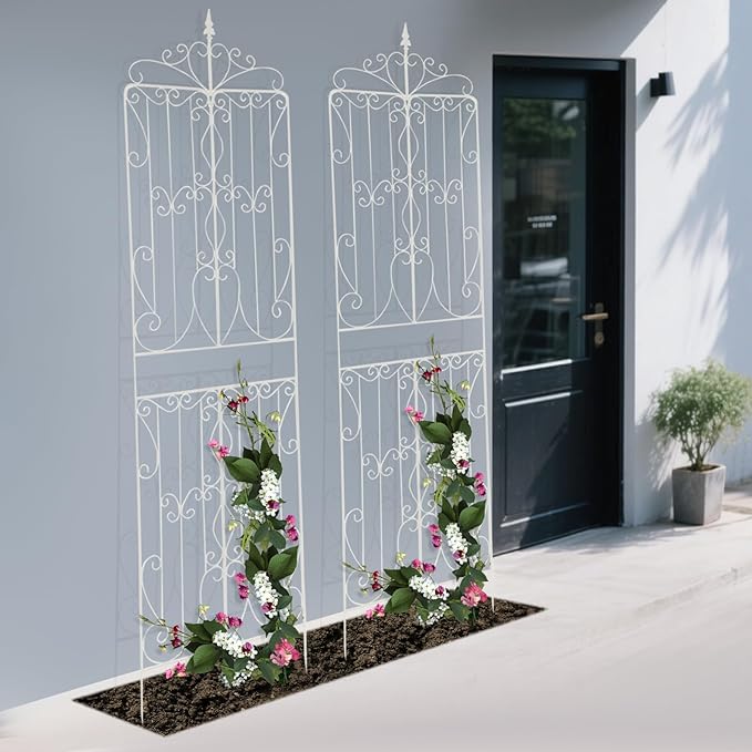 2-Pack Iron Garden Trellis for Climbing Plants 25.59x93.3 Inch Rustic Outdoor Plant Support for Cucumber Morning Glory Ivy Vertical Gardening Yard Patio Lawn Decor (White)