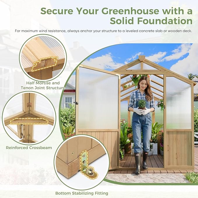 Restland 6x8 FT Wood Greenhouse for Outdoors Reinforced Frame Walk-in Greenhouses with Adjustable Roof Vents &amp Lockable Door Polycarbonate Green House for Outside