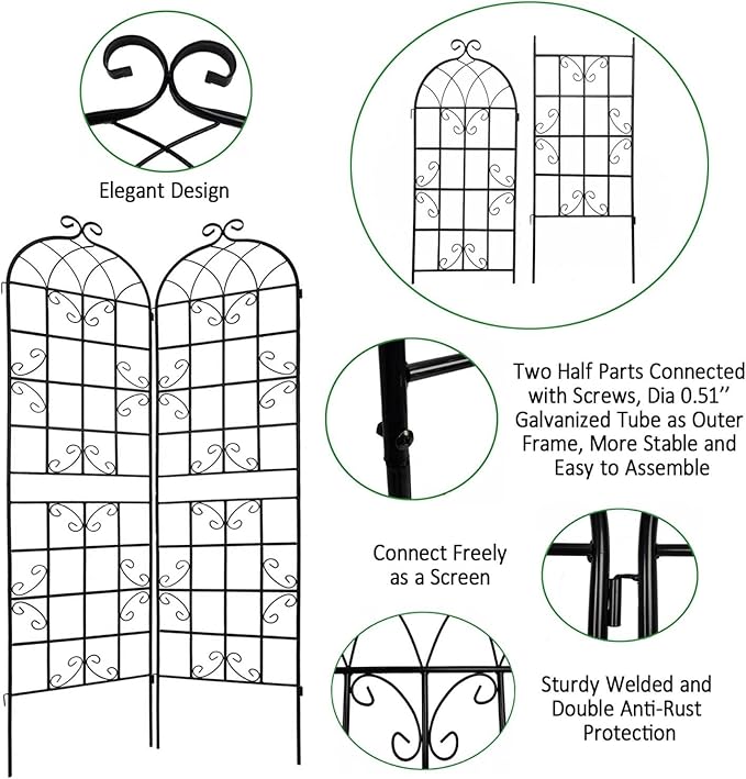 2-Pack Metal Garden Trellis for Climbing Plants - Outdoor Flower Support 19.7’’ x 86.7’’ - Expandable Flower Wall Black