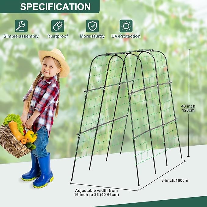 Garden Cucumber Trellis for Climbing Plants Outdoor 65 x 48 inch U-Shaped Garden Arch Trellis Pea Tomato Cucumber for Raised Bed 120x160-BLK