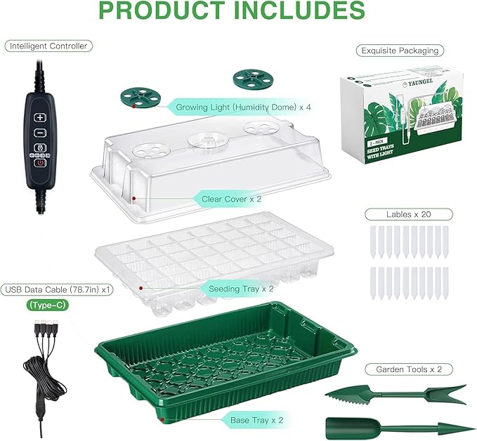YAUNGEL Seed Starter Tray with Grow Light Seed Starter Kit with Timing Controller Adjustable Brightness80 Cells Seed Starter Tray for Indoor Planting with Humidity Domes Heightened Lids 2 Pack