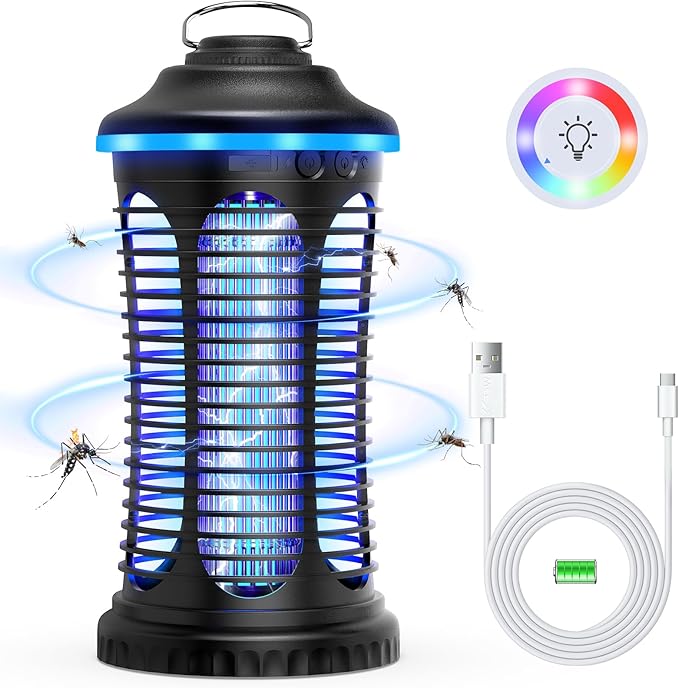 Rechargeable Bug Zapper Outdoor &amp Indoor Mosquito Zapper Fruit Fly Trap Gnat Moths Catcher 4200V Grid USB Charging 4000mAh Battery Fit for Home Kitchen Backyard Camping Patio Black