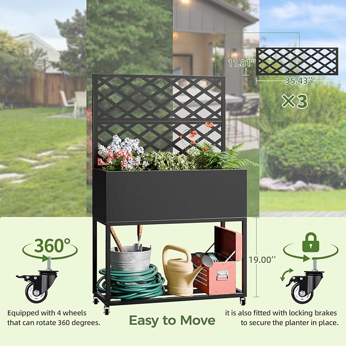 Metal Planter Box with Trellis55 H x35 W Raised Garden Beds with Privacy Screen for Climbing Plants Flower Elevated Standing Planter Garden Bed with Drainage Holes for Outdoor PatioBlack