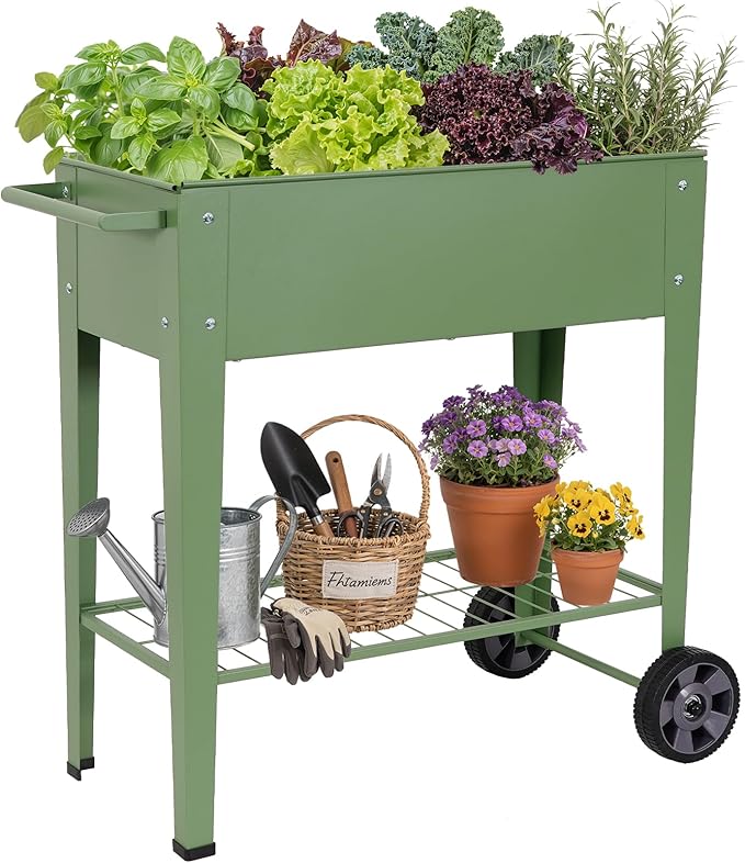 Tall Raised Garden Bed Outdoor with Wheels Metal Elevated Raised Planter Box with Drainage Holes for Vegetables Flower Herbs(Green)