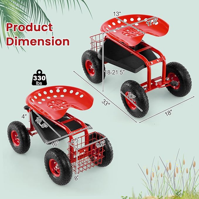 Giantex Garden Workseat 360 Swivel Rolling Seat with Wheels Tools Basket Gardening Cart with Seat Adjustable Height Wagon Scooter for Patio Lawn Yard Outdoor Steerable Stool (Red)