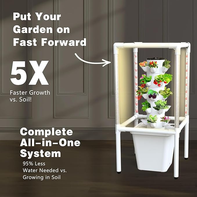 Hydroponics Tower Garden Growing System with LED Grow Lights 25 Pods Vertical Garden Planter Indoor Smart Garden Kit Fruits and Vegetables Aeroponic Tower with Pump and Movable Water Tank