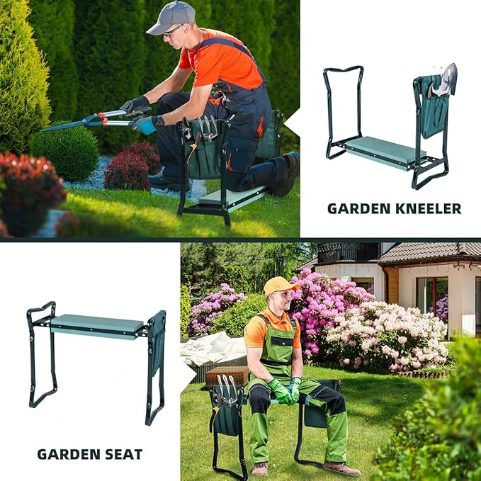 2-in-1 Garden Kneeler &amp Seat Folding Seat w/EVA Foam Kneeling Pad &amp Removable Tools Pouch Sturdy Steel Frame No Assembly Portable Heavy Duty Garden Stool for Women &amp Men