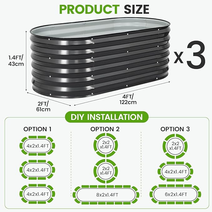 Galvanized Raised Garden Bed Outdoor |17'' Tall Planter Box Outdoor for Deep Root Plants | 3Pcs Raised Bed Kit for Gardening with Rubber Strip for Vegetables Flowers Fruits (Darkgrey 4x2x1.4FT)