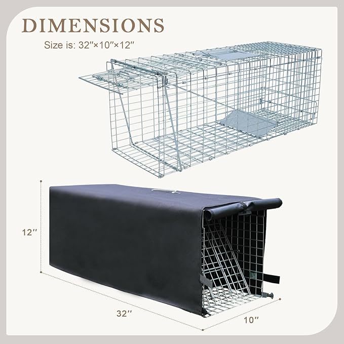 Live Animal Trap Cage with Cover &amp Gloves Cat Trap for Stray Cats 32 Inch Heavy Duty Folding Skunk Traps with Real Door for Raccoons Opossums Skunks Feral Cats Squirrels-(32 x 10 x 12 inches)