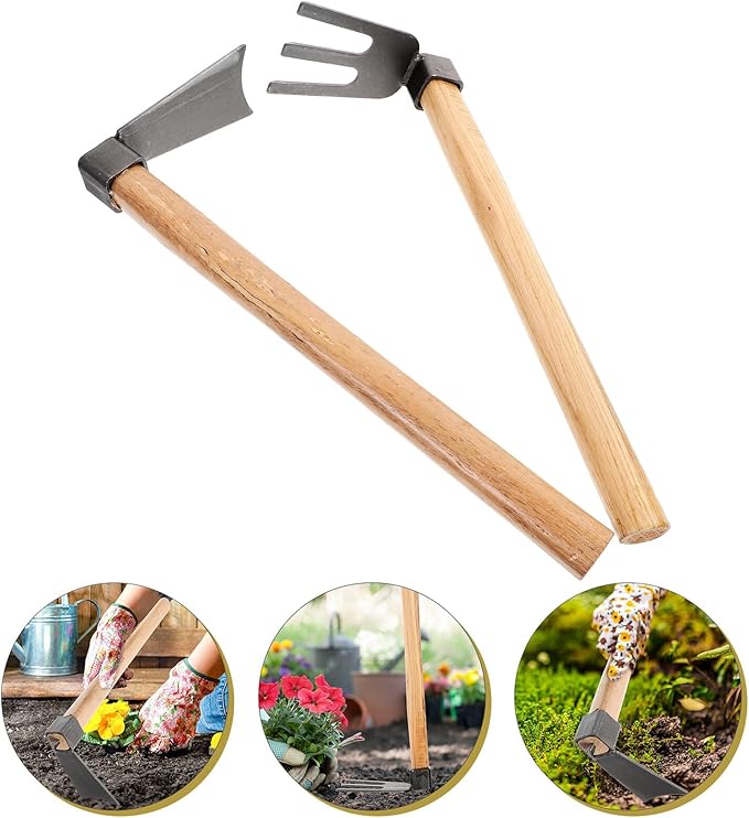 Toyvian 2pcs Garden Tool Set Wooden Handle Hoe and Steel Rake for Outdoor Gardening Digging Soil Weeding Small Handheld Tools for Flower Farming and Vegetable Planting