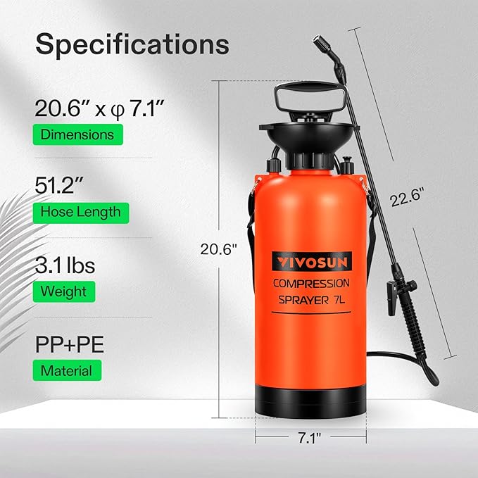 VIVOSUN 1.85-Gallon Pump Pressure Sprayer Pressurized Lawn &amp Garden Water Spray Bottle with Adjustable Shoulder Strap for Spraying Plants Garden Watering and Household Cleaning