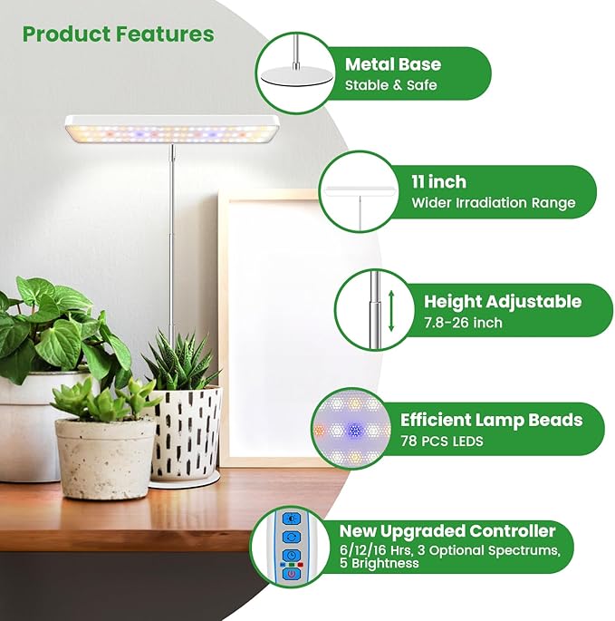 Wiaxulay Plant Grow Light 78 LEDs Grow Light for Indoor Plants Full Spectrum Height Adjustable Desk Growing Lamp with Metal Base Auto Timer 6/12/16Hrs 3 Lighting Modes 5 Dimmable Levels2 Pack