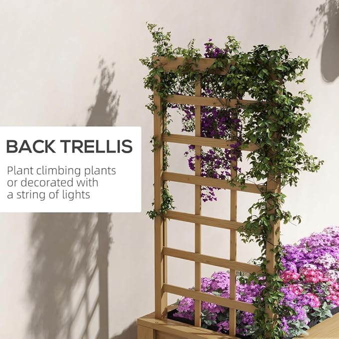 Raised Garden Bed with Trellis for Climbing Plants Elevated Wood Planter with Drainage Holes Filter and Legs for Vegetable Flowers Natural