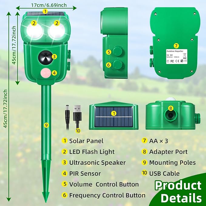 Solar Animal Repellent OutdoorCat Repellent Outdoor Rabbit Squirrel Dog Deer Repellent Devices Raccoon Fox Skunk Deer Deterrents with Motion Detection &amp LED Light for Yard Farm Garden (4 Green)