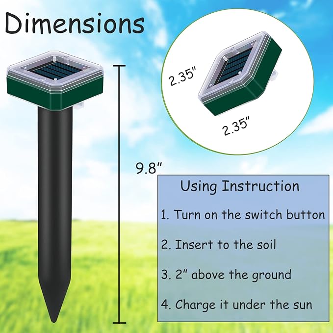 Mole Repellent Solar Powered for Lawns Snake Repellent for Yard Gopher Trap Groundhog Vole Repellent Ultrasonic Spike Outdoor Waterproof Sonic Chipmunk Rodent Burrowing Animals Deterrent Stake (4)